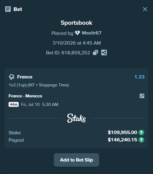 Bet slip: France - Morocco, $110,064.95 stake at 1.33 odds, placed by Maxitr67