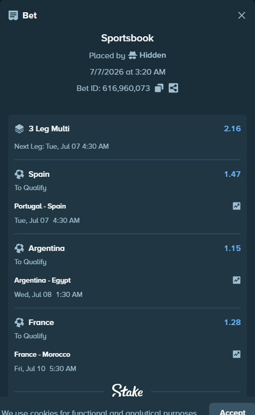 Bet slip: France - Morocco, $11,380.00 stake at 1.28 odds, placed by Bomboclat77