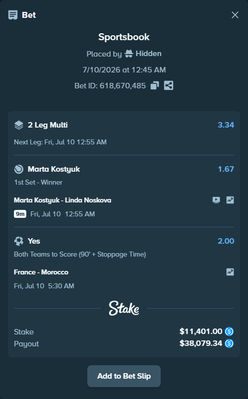 Bet slip: France - Morocco, $11,401.00 stake at 2.00 odds, placed by Hidden