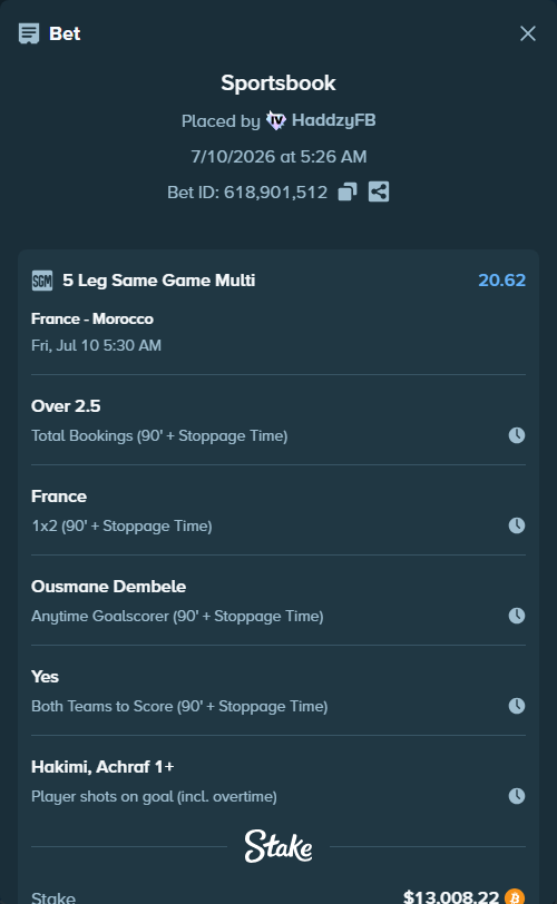 Bet slip: France - Morocco, $13,228.87 stake at 1.56 odds, placed by HaddzyFB