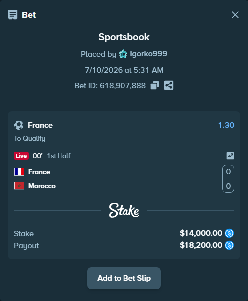 Bet slip: France - Morocco, $14,000.00 stake at 1.30 odds, placed by Igorko999