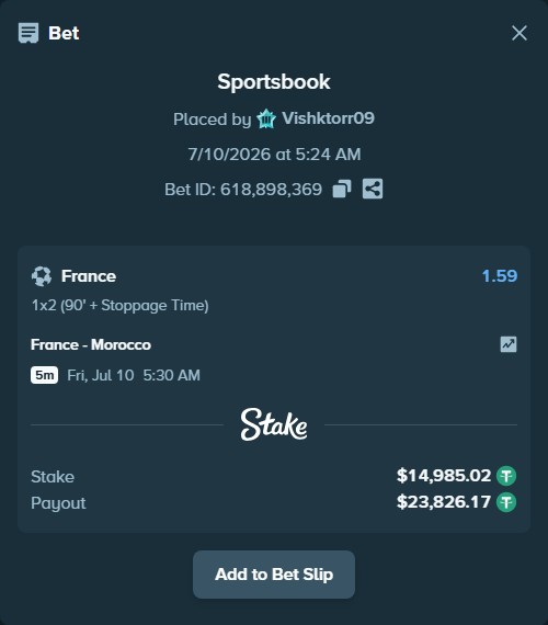 Bet slip: France - Morocco, $15,000.00 stake at 1.59 odds, placed by Vishktorr09