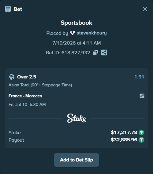Bet slip: France - Morocco, $17,235.00 stake at 1.91 odds, placed by stevenkhoury