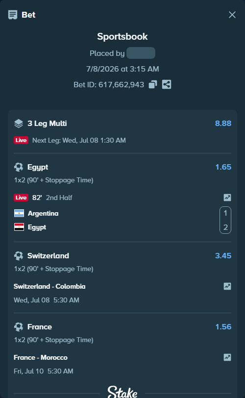 Bet slip: France - Morocco, $16,428.89 stake at 1.56 odds, placed by Rosspicks