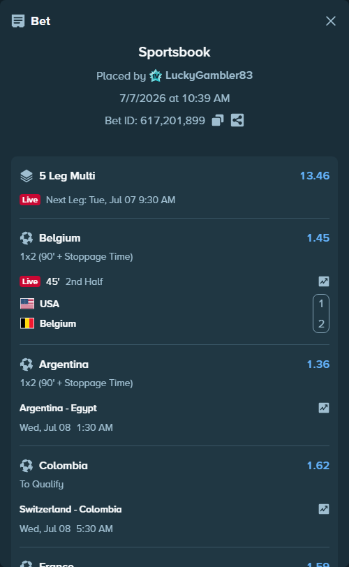 Bet slip: France - Morocco, $18,436.00 stake at 1.59 odds, placed by LuckyGambler83