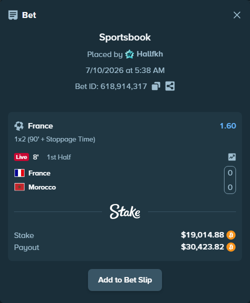Bet slip: France - Morocco, $19,349.65 stake at 1.60 odds, placed by Hallfkh