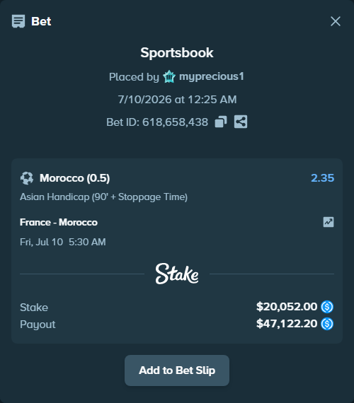 Bet slip: France - Morocco, $20,052.00 stake at 2.35 odds, placed by myprecious1