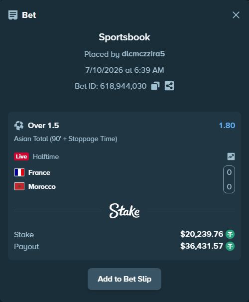 Bet slip: France - Morocco, $20,260.00 stake at 1.80 odds, placed by dlcmczzira5