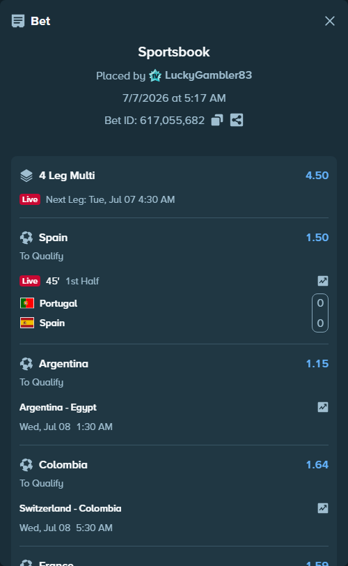 Bet slip: France - Morocco, $20,608.00 stake at 1.59 odds, placed by LuckyGambler83