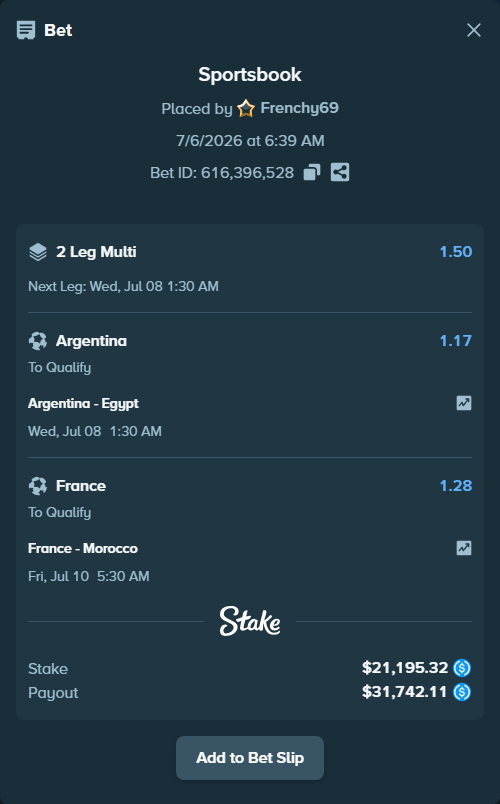 Bet slip: France - Morocco, $21,195.32 stake at 1.28 odds, placed by Frenchy69
