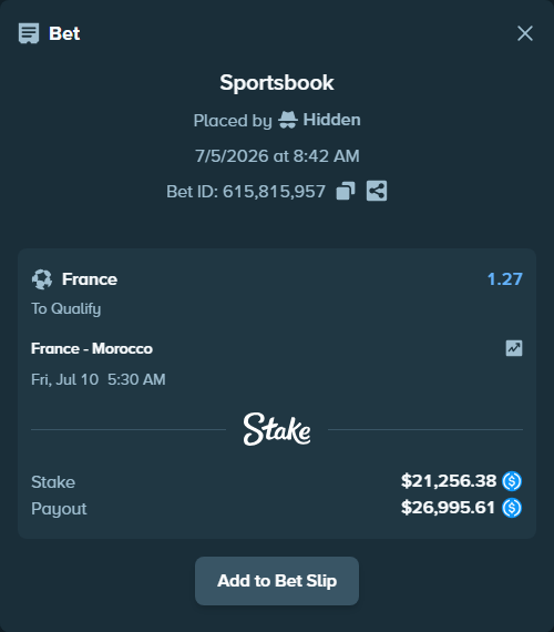Bet slip: France - Morocco, $21,256.38 stake at 1.27 odds, placed by Frenchy69