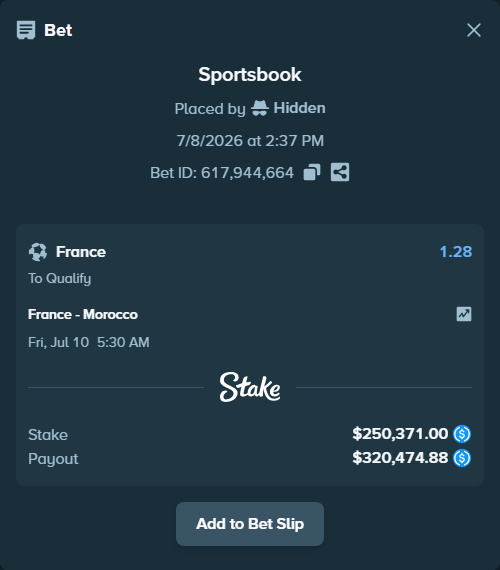 Bet slip: France - Morocco, $250,371.00 stake at 1.28 odds, placed by Hidden