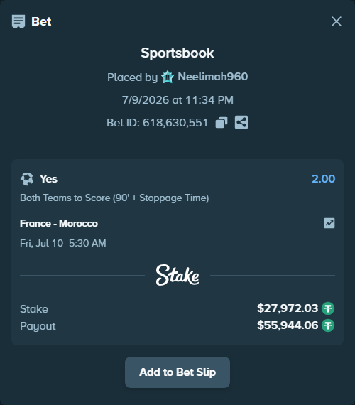 Bet slip: France - Morocco, $28,000.00 stake at 2.00 odds, placed by Neelimah960