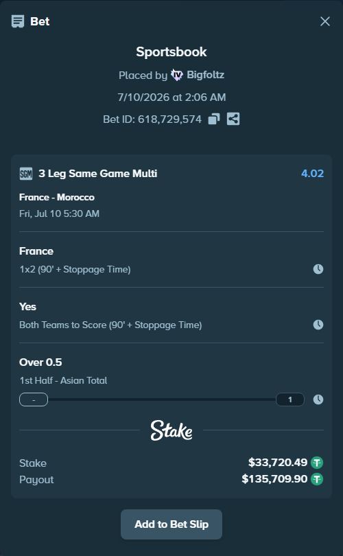 Bet slip: France - Morocco, $33,754.21 stake at 1.60 odds, placed by Bigfoltz