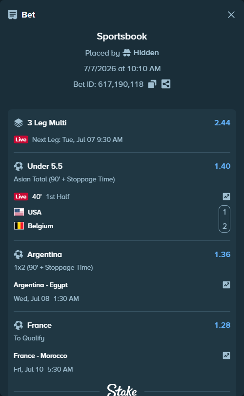 Bet slip: France - Morocco, $33,900.00 stake at 1.28 odds, placed by Hidden