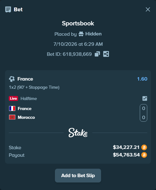 Bet slip: France - Morocco, $34,807.79 stake at 1.60 odds, placed by Bigfoltz