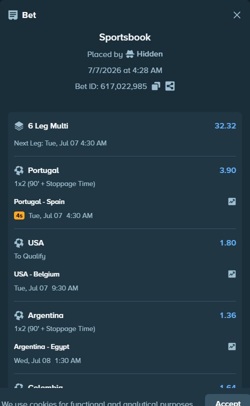 Bet slip: France - Morocco, $35,277.09 stake at 1.28 odds, placed by Hidden