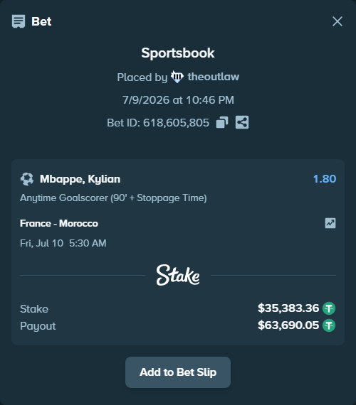 Bet slip: France - Morocco, $35,418.74 stake at 1.80 odds, placed by theoutlaw