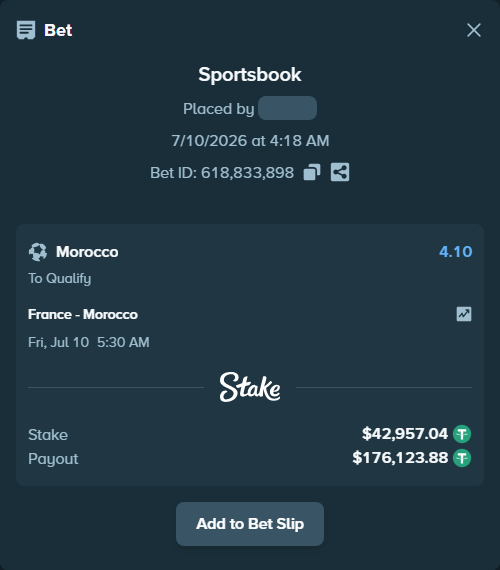 Bet slip: France - Morocco, $43,000.00 stake at 4.10 odds, placed by Bludnya