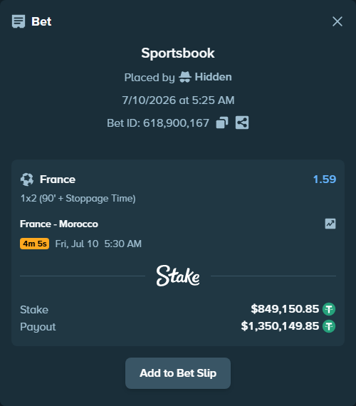 Bet slip: France - Morocco, $850,000.00 stake at 1.59 odds, placed by Hidden