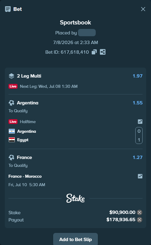Bet slip: France - Morocco, $83,323.73 stake at 1.27 odds, placed by Rosspicks