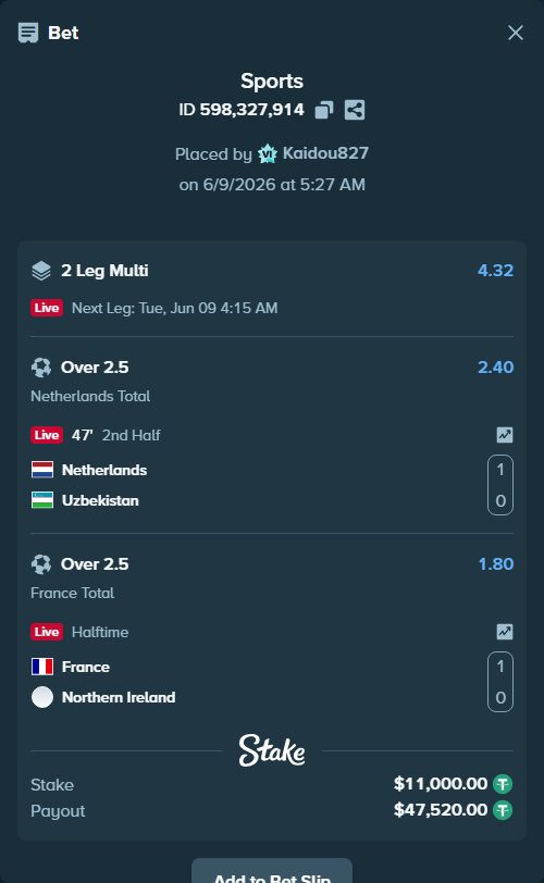 Bet slip: France - Northern Ireland, $11,000.00 stake at 1.80 odds, placed by Kaidou827
