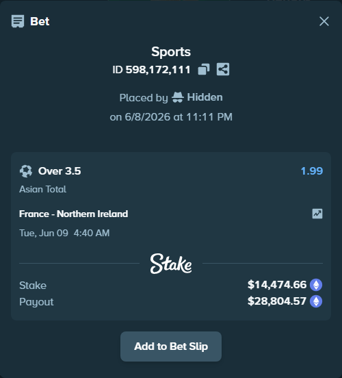 Bet slip: France - Northern Ireland, $14,838.79 stake at 1.99 odds, placed by Hidden