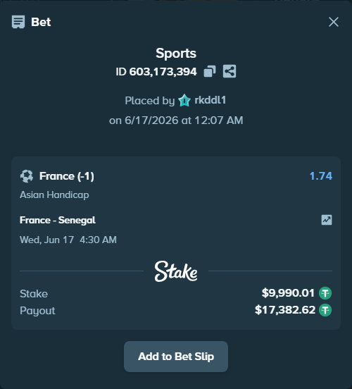 Bet slip: France - Senegal, $10,000.00 stake at 1.74 odds, placed by rkddl1