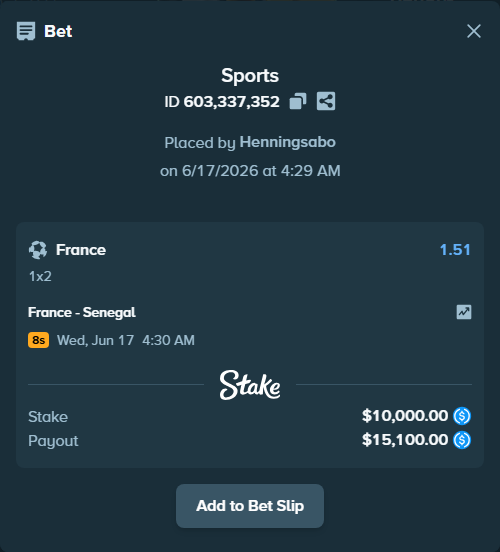 Bet slip: France - Senegal, $10,000.00 stake at 1.51 odds, placed by Henningsabo