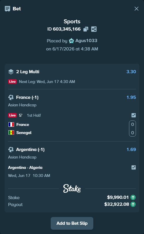 Bet slip: France - Senegal, $10,000.00 stake at 1.95 odds, placed by Agus1033