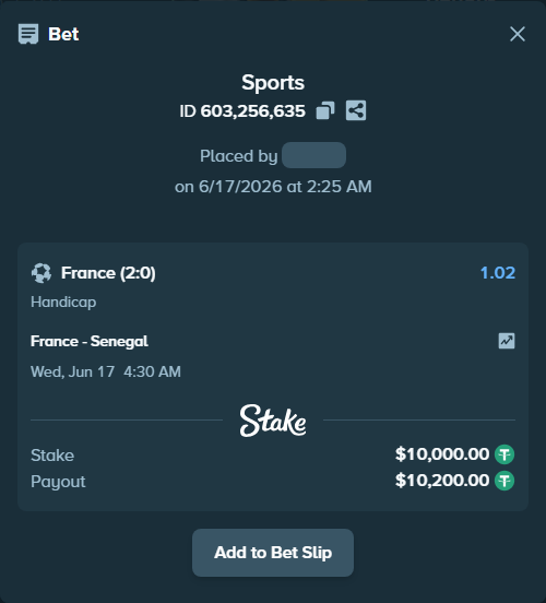Bet slip: France - Senegal, $10,010.00 stake at 1.02 odds, placed by Ufpnjh