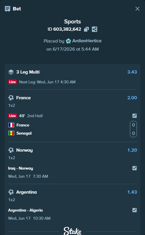 Bet slip: France - Senegal, $15,000.00 stake at 2.00 odds, placed by ArdianHertica