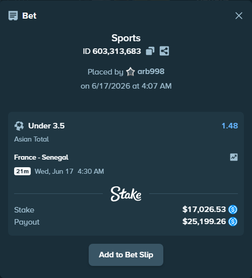 Bet slip: France - Senegal, $17,026.53 stake at 1.48 odds, placed by arb998