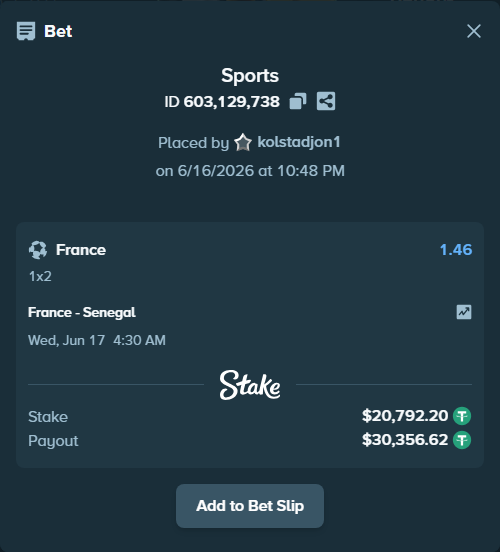 Bet slip: France - Senegal, $20,812.99 stake at 1.46 odds, placed by kolstadjon1