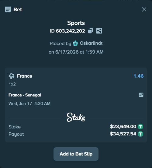 Bet slip: France - Senegal, $23,672.65 stake at 1.46 odds, placed by Oskarlindt