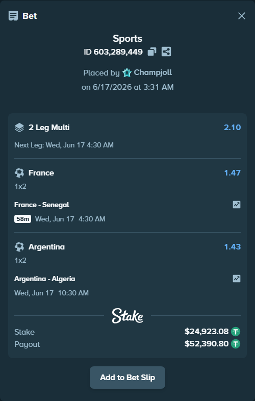 Bet slip: France - Senegal, $24,948.00 stake at 1.47 odds, placed by Champjoll