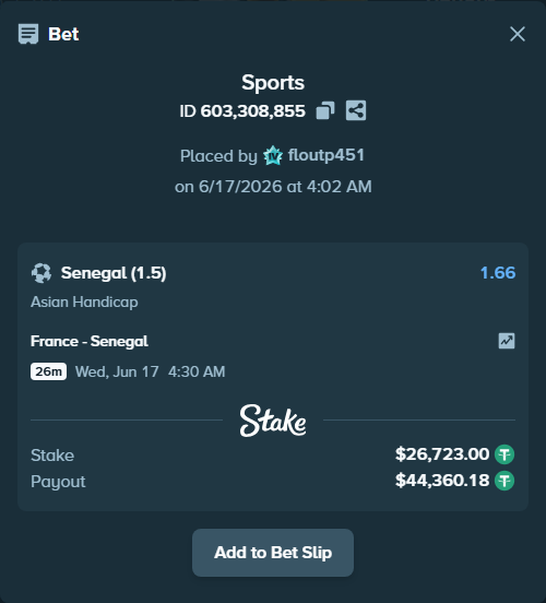Bet slip: France - Senegal, $26,749.72 stake at 1.66 odds, placed by floutp451