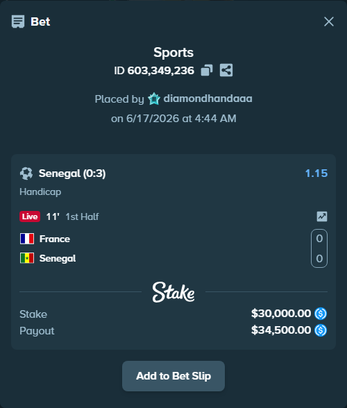 Bet slip: France - Senegal, $30,000.00 stake at 1.15 odds, placed by diamondhandaaa