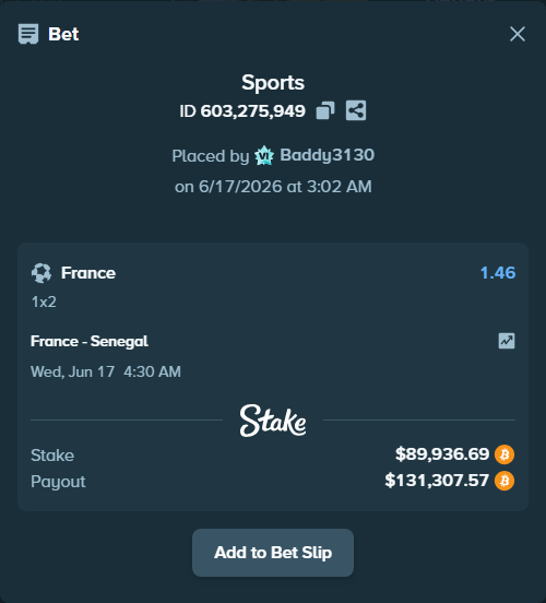 Bet slip: France - Senegal, $88,110.64 stake at 1.46 odds, placed by Baddy3130