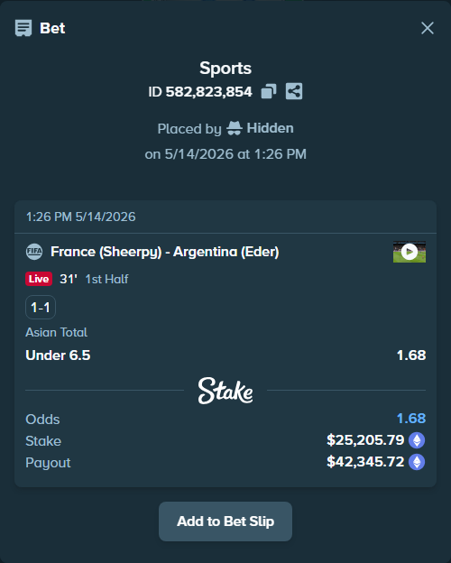 Bet slip: France (Sheerpy) - Argentina (Eder), $19,459.96 stake at 1.68 odds, placed by Hidden