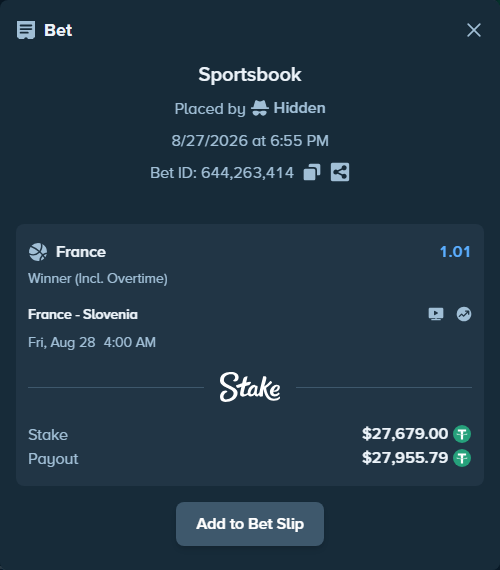 Bet slip: France - Slovenia, $27,679.00 stake at 1.01 odds, placed by Hidden