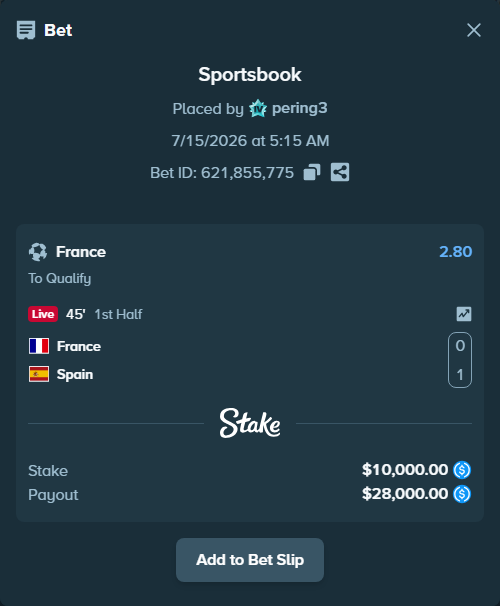 Bet slip: France - Spain, $10,000.00 stake at 2.80 odds, placed by pering3