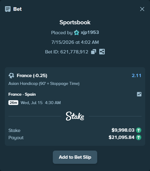 Bet slip: France - Spain, $10,008.03 stake at 2.11 odds, placed by xjp1953