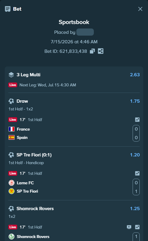 Bet slip: France - Spain, $10,008.00 stake at 1.75 odds, placed by Jephthah2