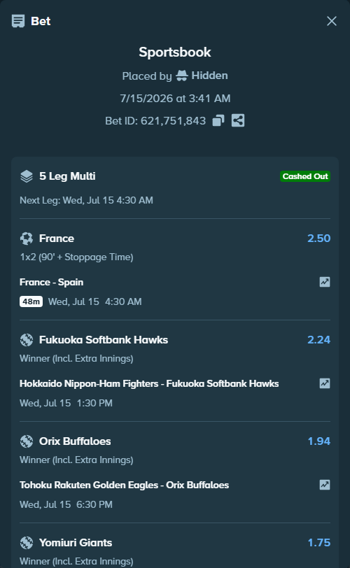 Bet slip: France - Spain, $10,010.00 stake at 2.50 odds, placed by Hidden