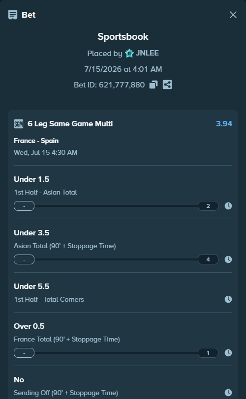Bet slip: France - Spain, $10,010.00 stake at 1.35 odds, placed by JNLEE