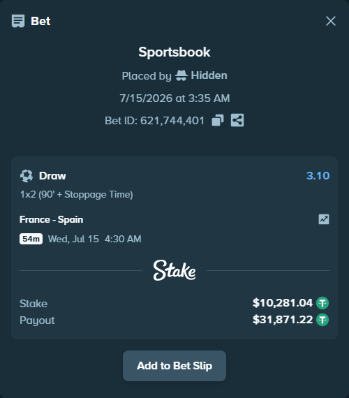Bet slip: France - Spain, $10,291.32 stake at 3.10 odds, placed by Armo098