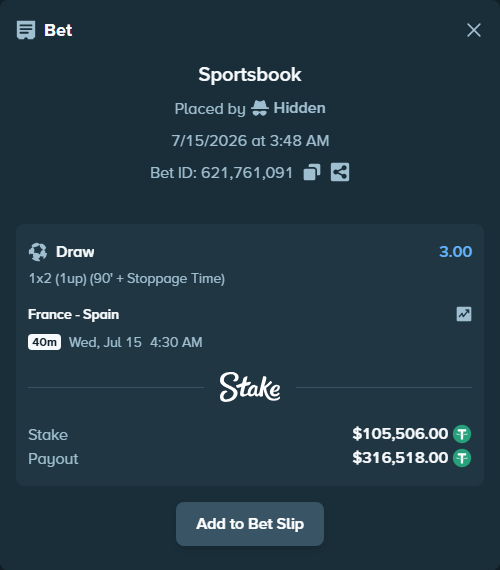 Bet slip: France - Spain, $105,611.51 stake at 3.00 odds, placed by Maxitr67