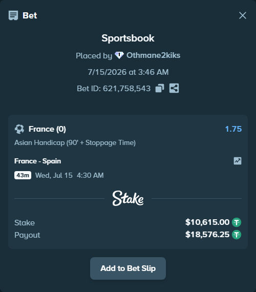 Bet slip: France - Spain, $10,625.61 stake at 1.75 odds, placed by Othmane2kiks