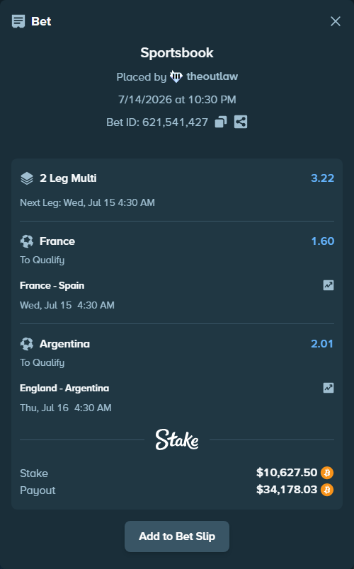 Bet slip: France - Spain, $10,718.90 stake at 1.60 odds, placed by theoutlaw